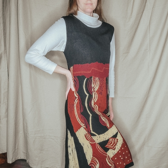 Vintage Black Patterned Rayon Midi Dress Medium - Picture 1 of 11